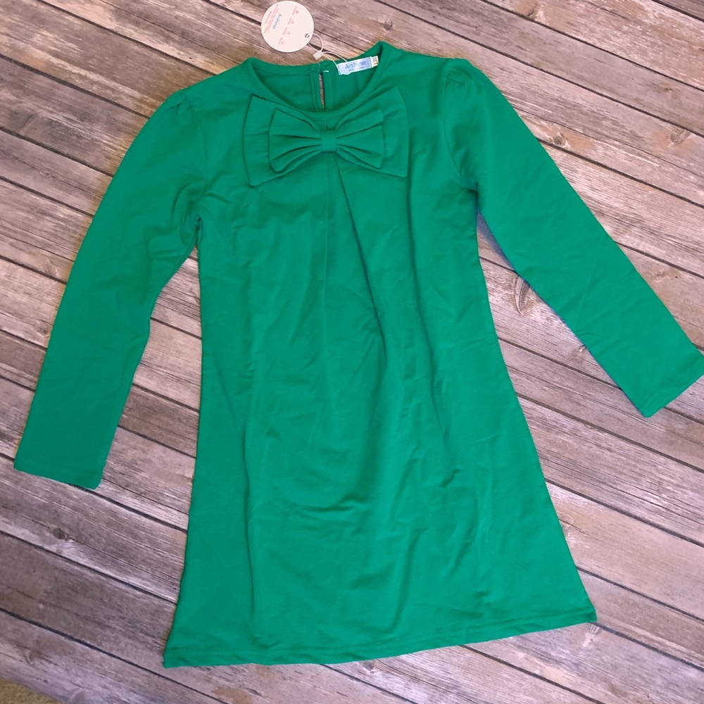 Girls Green Dress with Bow Neck